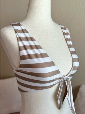 Beach Riot Dallas Bikini Top Tie Front White & Taupe Striped Women’s Small Swim